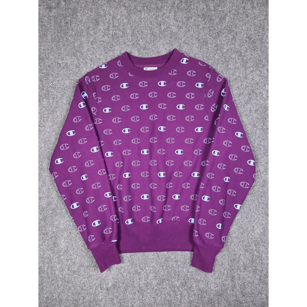 Champion Reverse Weave Sweatshirt Mens Small Purple All Over Logo Print Fleece